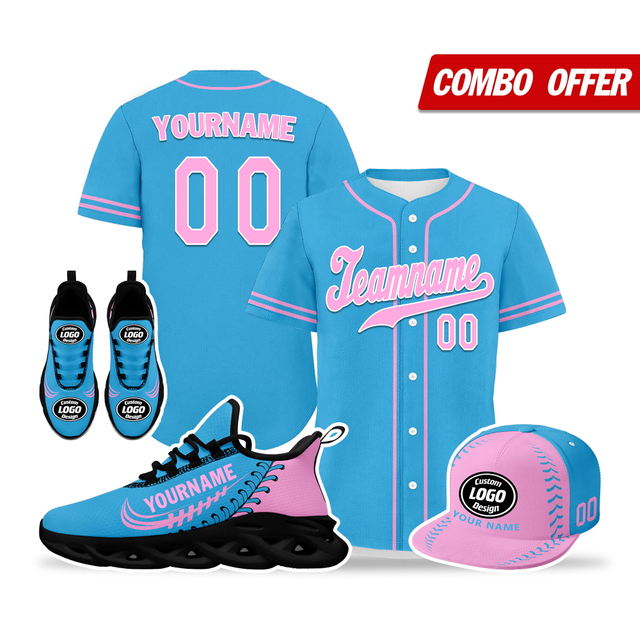 Cool Customize Baseball Jersey + Sneaker + Cap Kits | Personalized Design Printed Logo/Team Name/Picture/Photo On Sports Suits For Men And Women Pink Blue Black Sole Sport Shoes ZH-24020050-34b