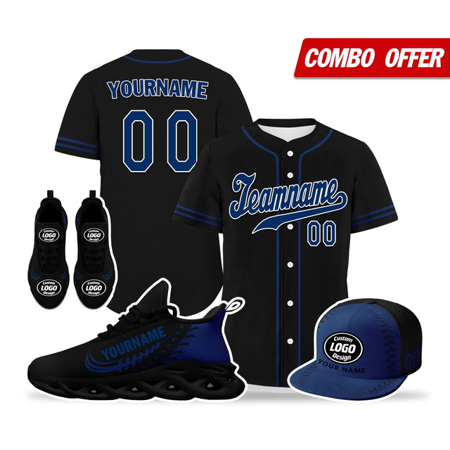 Cool Customize Baseball Jersey + Sneaker + Cap Kits | Personalized Design Printed Logo/Team Name/Picture/Photo On Sports Suits For Men And Women Dark Blue Black Sole Sport Shoes ZH-24020050-24w