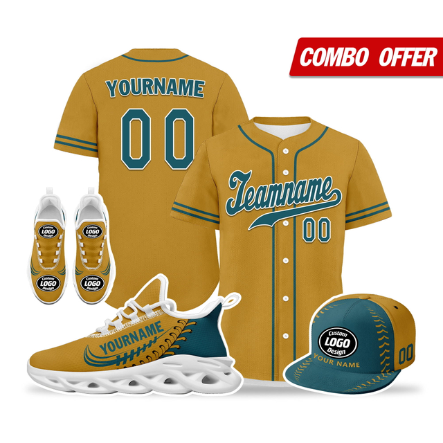 Cool Customize Baseball Jersey + Sneaker + Cap Kits | Personalized Design Printed Logo/Team Name/Picture/Photo On Sports Suits For Men And Women Brown Dark Green White Sole Sport Shoes ZH-24020050-2w