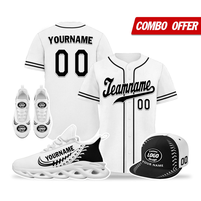 Cool Customize Baseball Jersey + Sneaker + Cap Kits | Personalized Design Printed Logo/Team Name/Picture/Photo On Sports Suits For Men And Women Black White Sole Sport Shoes ZH-24020050-26w