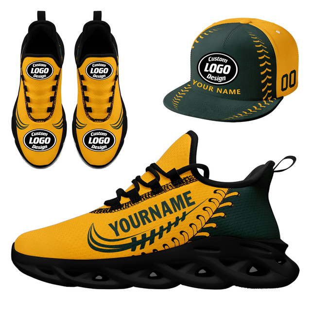 Customize Sport Shoe + Hat Kits Personalized Design Printing Logo & Picture on Sneakers for Men and Women Yellow Dark Green Black Sole