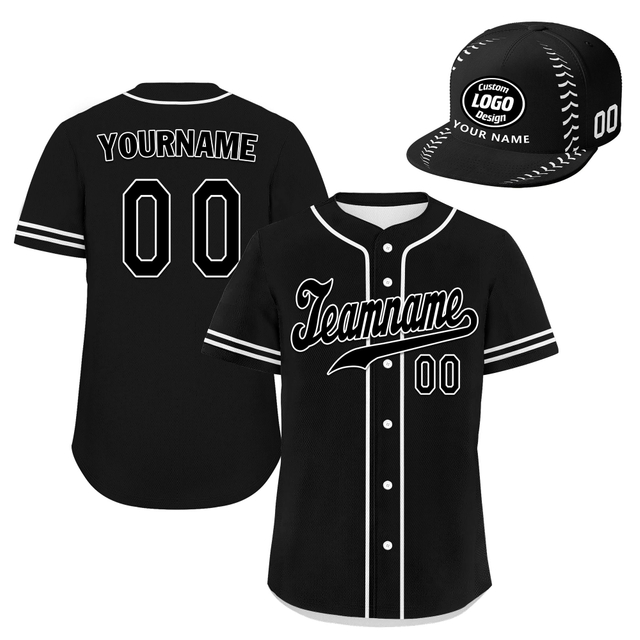 Custom Baseball Jersey + Cap | Personalized Design Printed Logo/Team Name/Picture/Photo On Sports Uniform Kits For Men And Women All Black ZH-24020053-30
