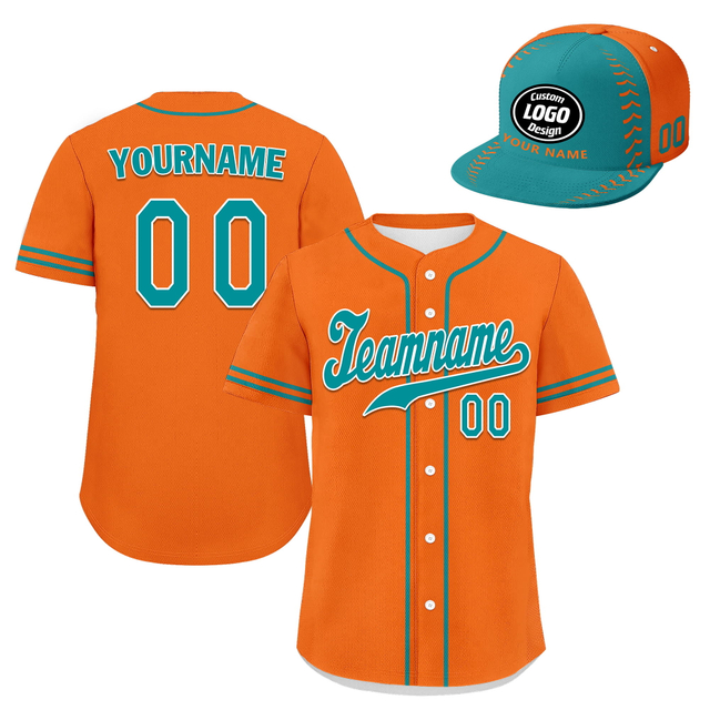 Custom Baseball Jersey + Cap | Personalized Design Printed Logo/Team Name/Picture/Photo On Sports Uniform Kits For Men And Women Orange Cyan ZH-24020053-5
