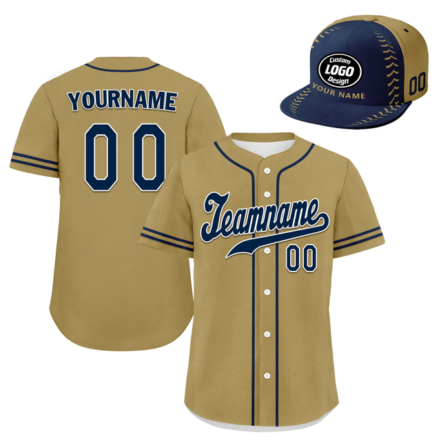 Custom Baseball Jersey + Cap | Personalized Design Printed Logo/Team Name/Picture/Photo On Sports Uniform Kits For Men And Women Camel Dark Blue ZH-24020053-16